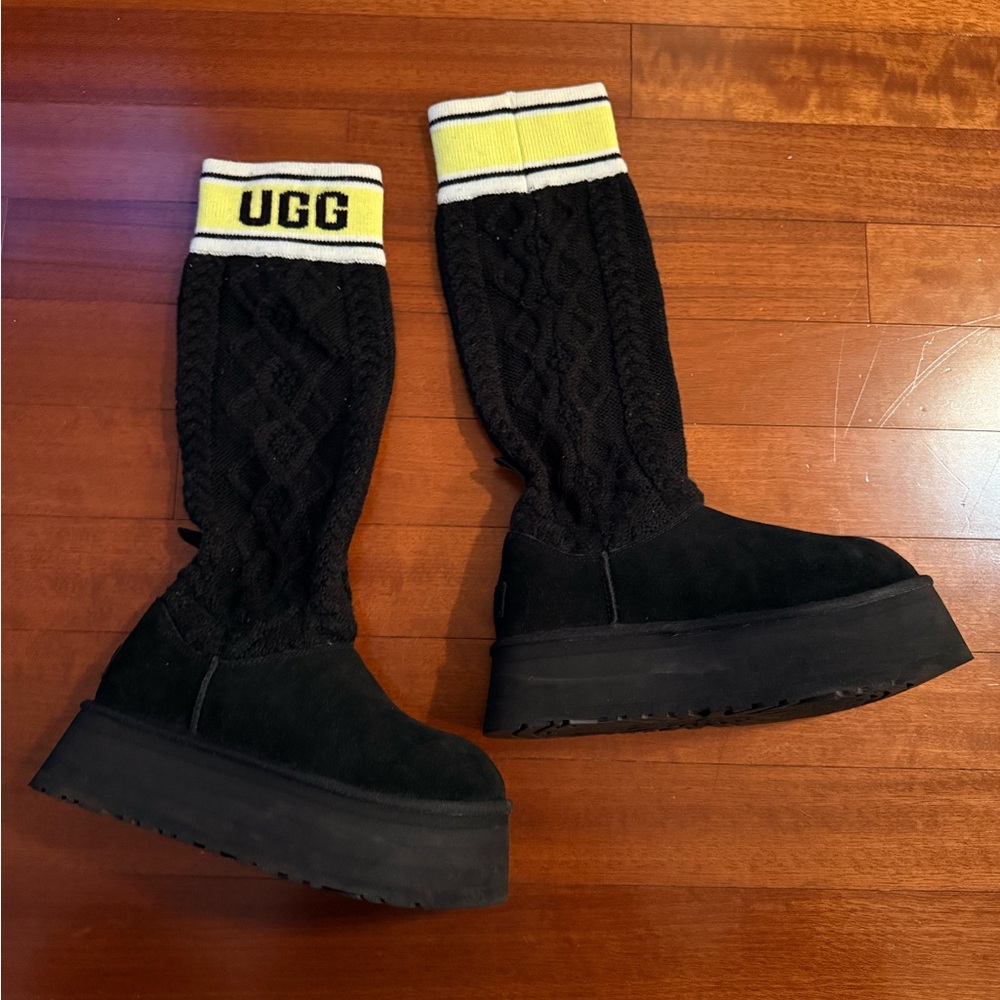 UGG Black Knit Platform Boots with Yellow Accent